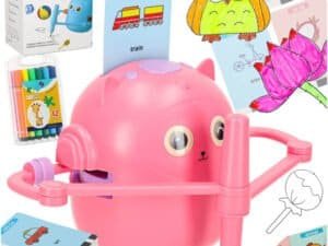 Jucarie educativ robot pentru copii, în formă de iepuraș roz, include markere și carduri de învățare.