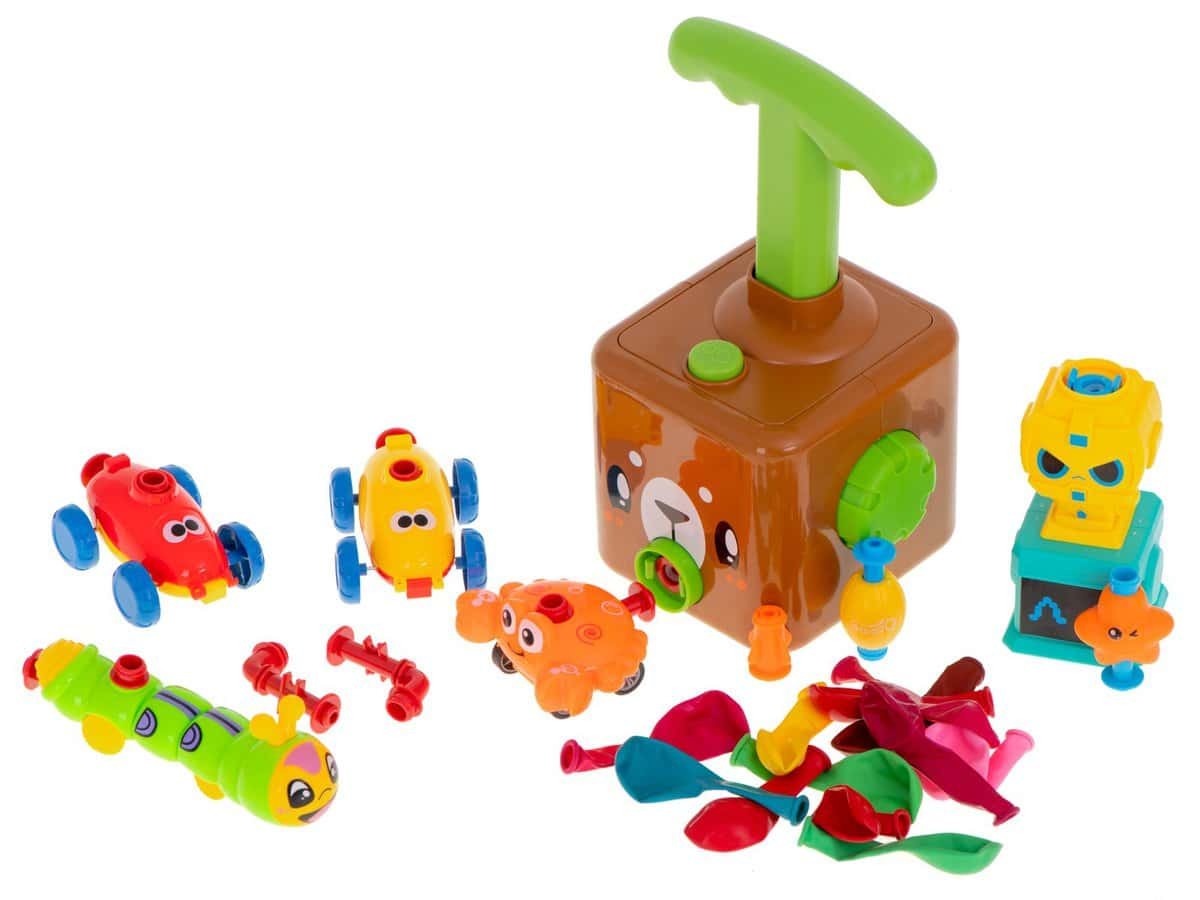 Jucărie pentru copii cu tematică animal, cub cu accesorii și baloane colorate pentru joacă sigură.