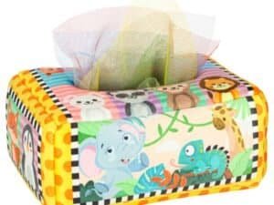 Colorful fabric toy storage box with jungle animal design, perfect for children's bedrooms.