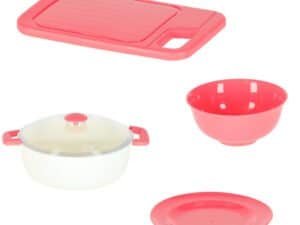 1. Jucării de bucătărie pentru copii, set roz și alb, accesorii pentru joacă imitată culinară.