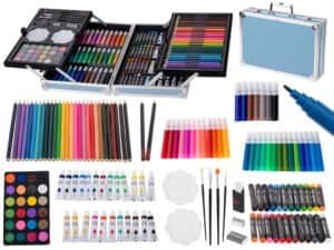 1. Set de materiale de artă pentru copii, culori vibrante și diverse instrumente kreative.
