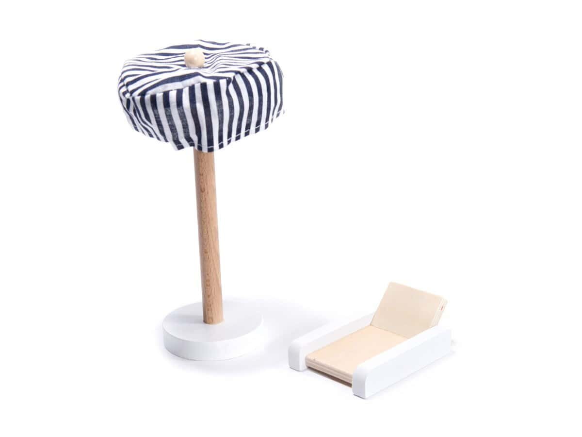 1. Jucarie pentru papusi, umbrela si sezlong pentru copii, set joc in stil de joaca.