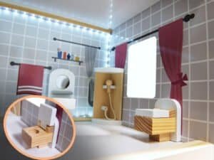 1. Jucarie baie pentru copii, mini duș cu baie și accesorii din lemn, decor pentru joacă.