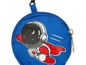 1. Geanta circulara pentru jucarii, model astronaut, din material rezistent, cu clips de prindere.