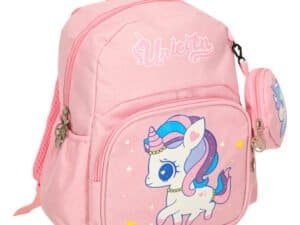 Rucsac pentru copii cu imprimeu unicorn roz, perfect pentru joacă și școală.