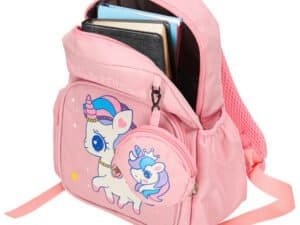 1. Sac de școală roz cu unicorni, spațiu pentru cărți și rechizite pentru copii.