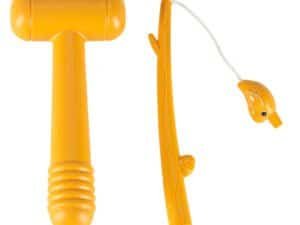Jucarie pentru copil cu ciocan si clema, din plastic galben, perfect pentru joaca si distractie.