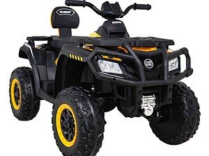 1. Jucarie electrică pentru copii ATV negru și galben, siguranță și distracție în aer liber.