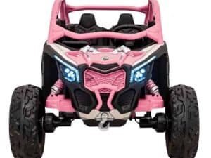 Pink electric toy car with LED lights, ideal for kids' outdoor adventures.
