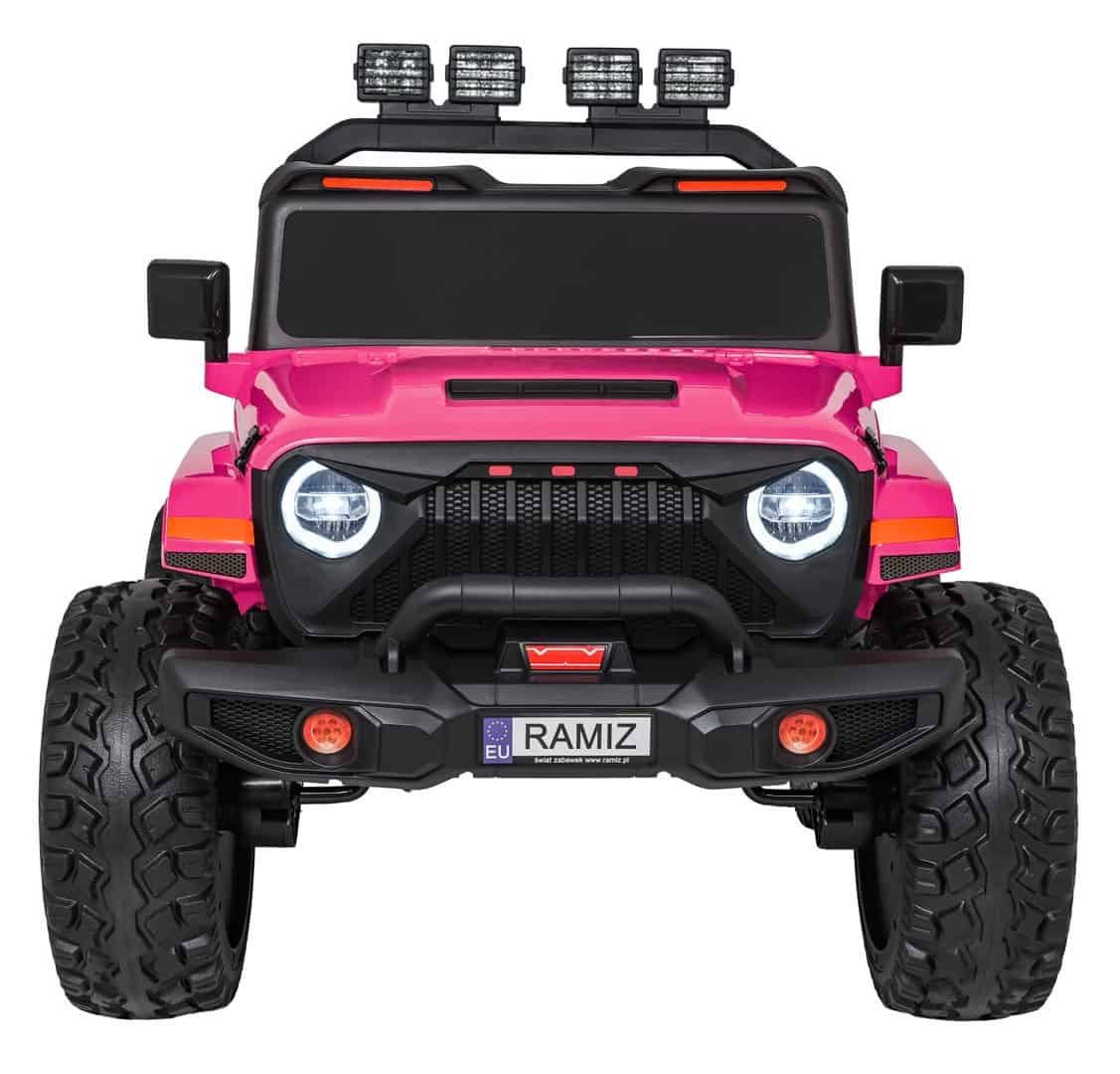 Jucarie auto electrica pentru copii, SUV roz cu lumini și accesorii de joacă.