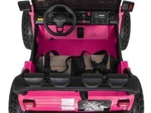 1. Mașinuță electrică pentru copii, culoare roz, model cu volan și scaun sigur, ideal pentru joacă în exterior.