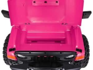 Pink toy car trunk, perfect for children's play and storage.