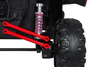 1. Baterie pentru jucarii cu suspensie roșie și anvelope robuste pentru off-road.