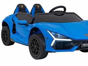 Mașinuță electrică de jucărie Lamborghini pentru copii, alb-negru, cu scaune confortabile și design realist.