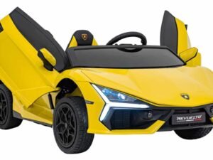 Mașinuță electrică copii, model sport, culoare galbenă, jucărie de exterior pentru copii micuți.