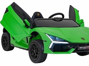 Mașină electrică pentru copii Lamborghini verde, design realist și funcționalitate sigură, ideal pentru joacă în aer liber.
