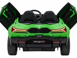 - Masina pentru copii Lamborghini, verde cu portiere deschise, design sportiv și realist.