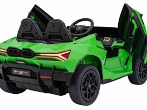 Mașinuță electrică pentru copii Lamborghini verde cu design realist și accesorii opționale pentru joacă în siguranță.