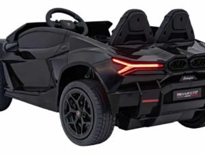 Mașinuță electrică pentru copii Lamborghini, design sportiv, negru, siguranță și divertisment pentru cei mici.