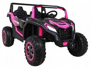 Mașinuță electrică pentru copii în design sportiv, model negru și roz, ideală pentru joacă în exterior.