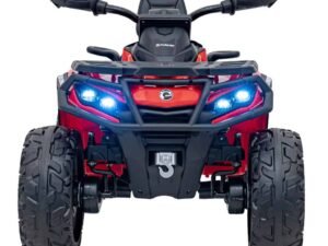 Red children's electric toy car, kids ride-on vehicle with LED lights, durable off-road tires.