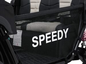 1. Cos de siguranță pentru scaunul de jucărie cu text SPEEDY, negru și gri.