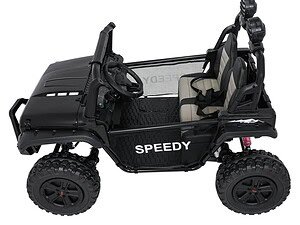 1. Mașinuță electrică pentru copii de culoare neagră, model Speedy, potrivită pentru aventuri în aer liber.