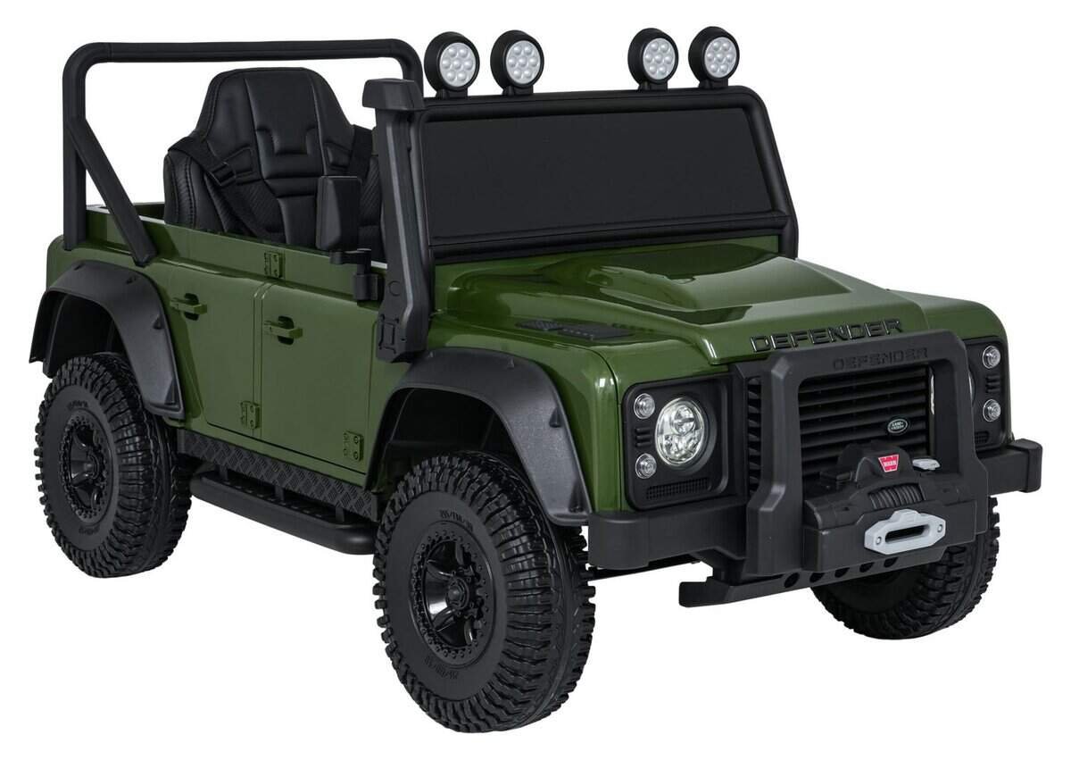 Mini mașină electrică pentru copii, model Land Rover Defender, culoare verde.