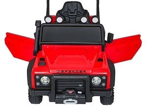 Mașinuță electrică pentru copii, model Land Rover Defender, roșie, pentru joc și distracție.