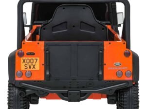 Mașină electrică pentru copii, model Land Rover Defender portocaliu, sigură și distractivă.