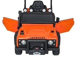Jucarie auto electrică pentru copii, model Defender, culoare portocalie, realist și sigur.