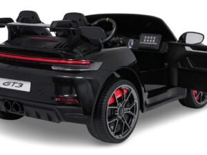 Mașină electrică pentru copii, model Porsche GT3, cu detalii realiste și design sportiv pentru joacă și aventură.