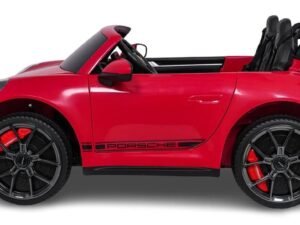 Mașină electrică pentru copii Porsche roșie, model sport cu scaune și roți din cauciuc.