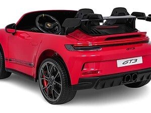 Red Porsche GT3 electric toy car for kids, realistic design, perfect for young racing fans.