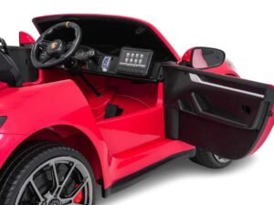 Mașină de jucărie electrică pentru copii, model sport Ferrari roșu, interior detaliat.