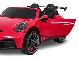 Mașină electrică Porsche pentru copii, model sport roșu, siguranță și distracție pentru cei mici.
