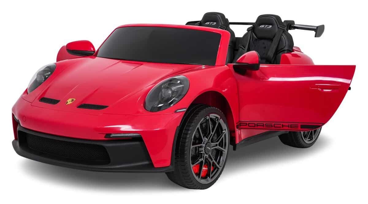 Mașină electrică Porsche pentru copii, model sport roșu, siguranță și distracție pentru cei mici.