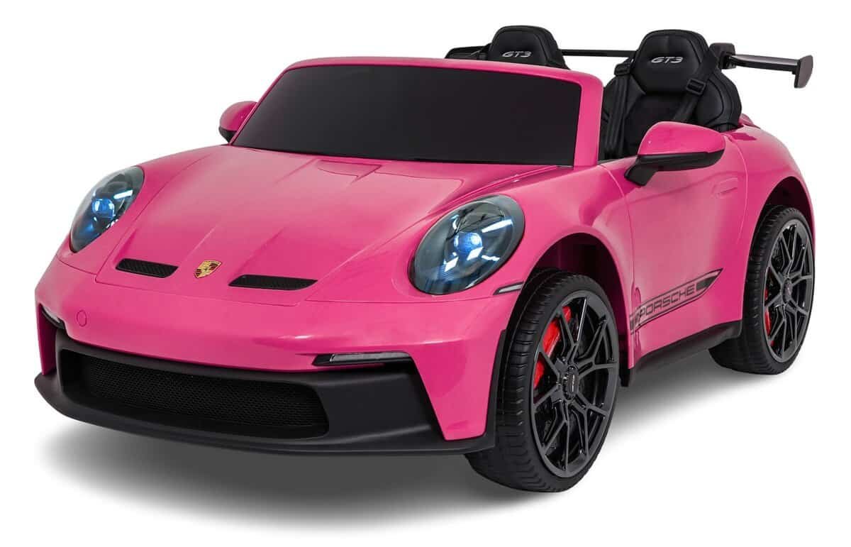 Mașinuță electrică pentru copii Porsche, culoare roz, perfectă pentru joacă și aventură.