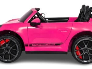 Mașinuță electrică pentru copii Porsche roz, distractivă și sigură pentru cei mici.