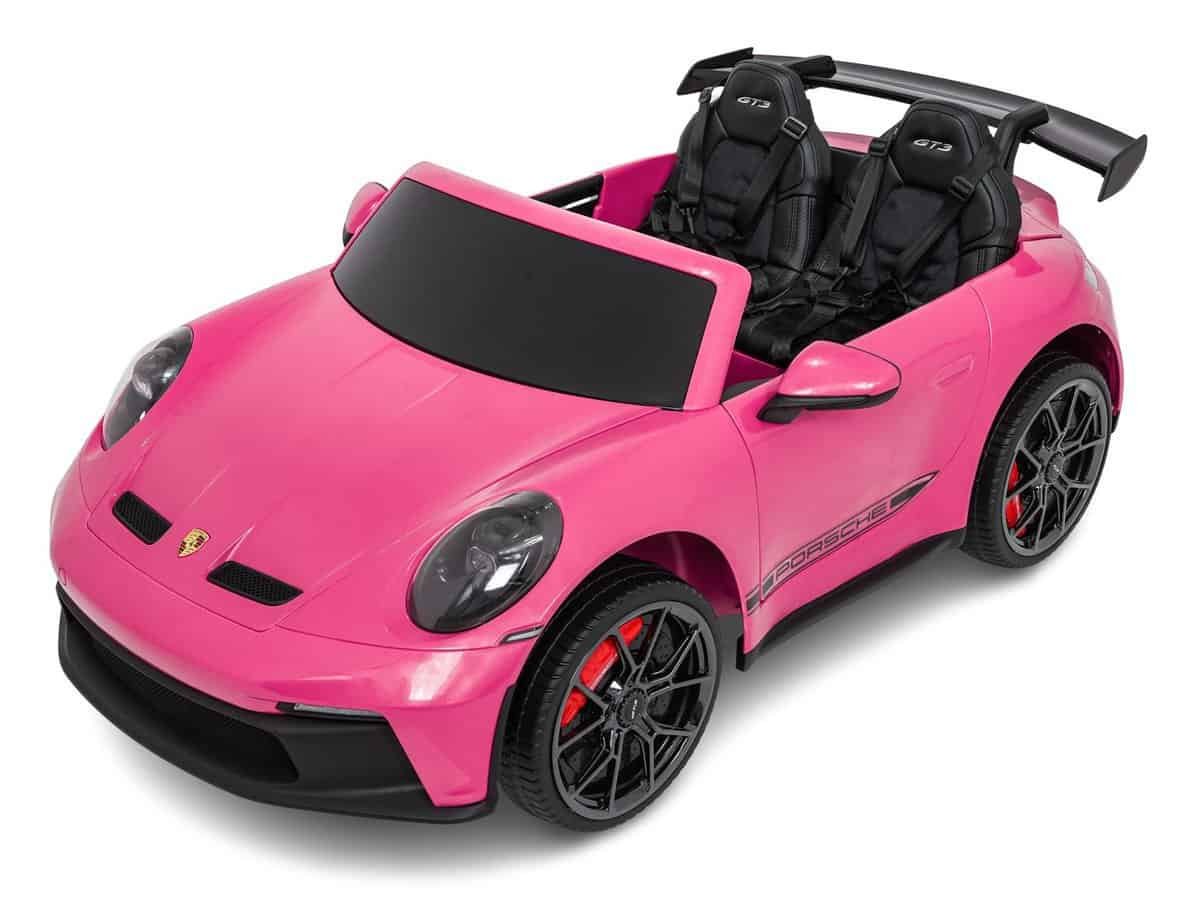 Mașinuță electrică pentru copii Porsche, culoare roz, perfectă pentru joacă în exterior.
