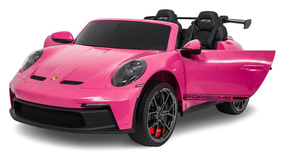 Mini mașină electrică pentru copii Porsche în nuanță roz, ideală pentru distracție sigură.
