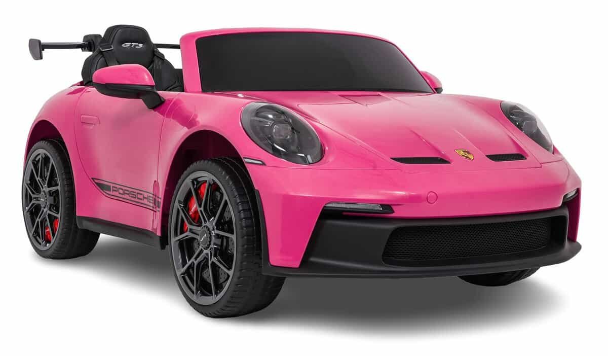 Mașină electrică pentru copii în stil Porsche, culoare roz, perfectă pentru joacă și aventură.