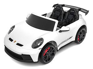 1. Mașinuță electrică pentru copii Porsche, model sport, alb, cu scaune din piele.