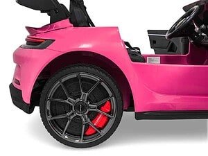 Mașină electrică pentru copii roz cu design sportiv, pentru distracție sigură și stilată.