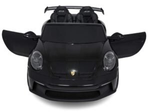 Mașină sport neagră cu ușile deschise și scaune pentru copil, design elegant și modern.