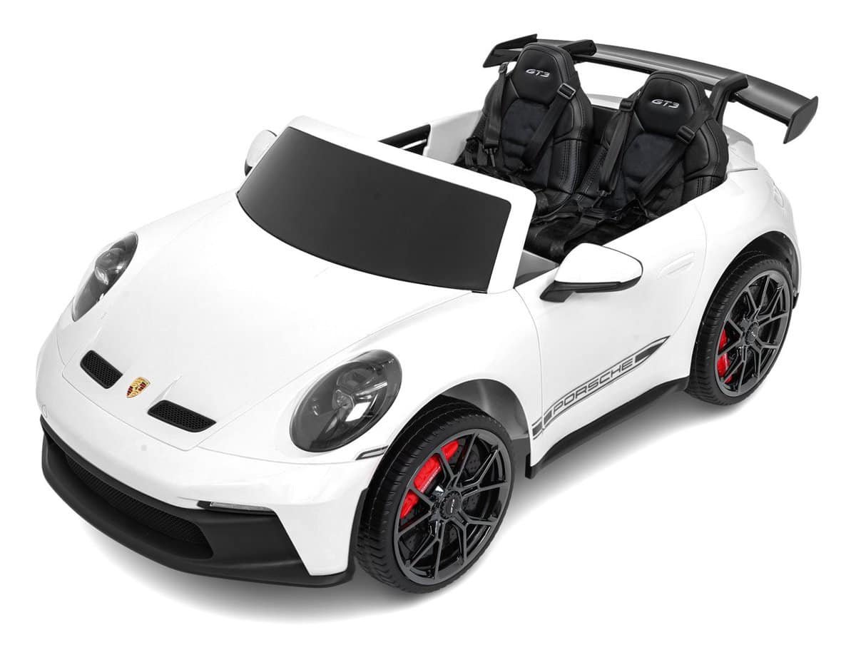 1. Mașinuță electrică pentru copii Porsche Carrera, alb, realistă și sigură.