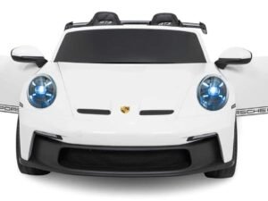 Mașină sport albă pentru copii cu faruri luminoase și detalii Porsche, perfectă pentru joacă și aventură.