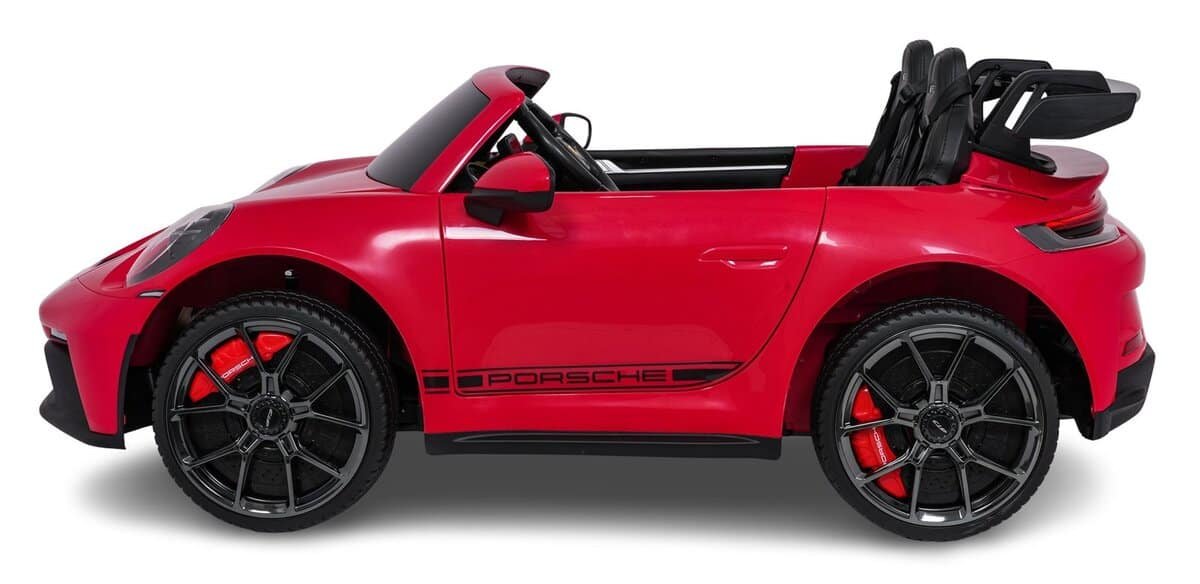 Mașină electrică pentru copii Porsche roșie, realistă și sigură pentru joacă.