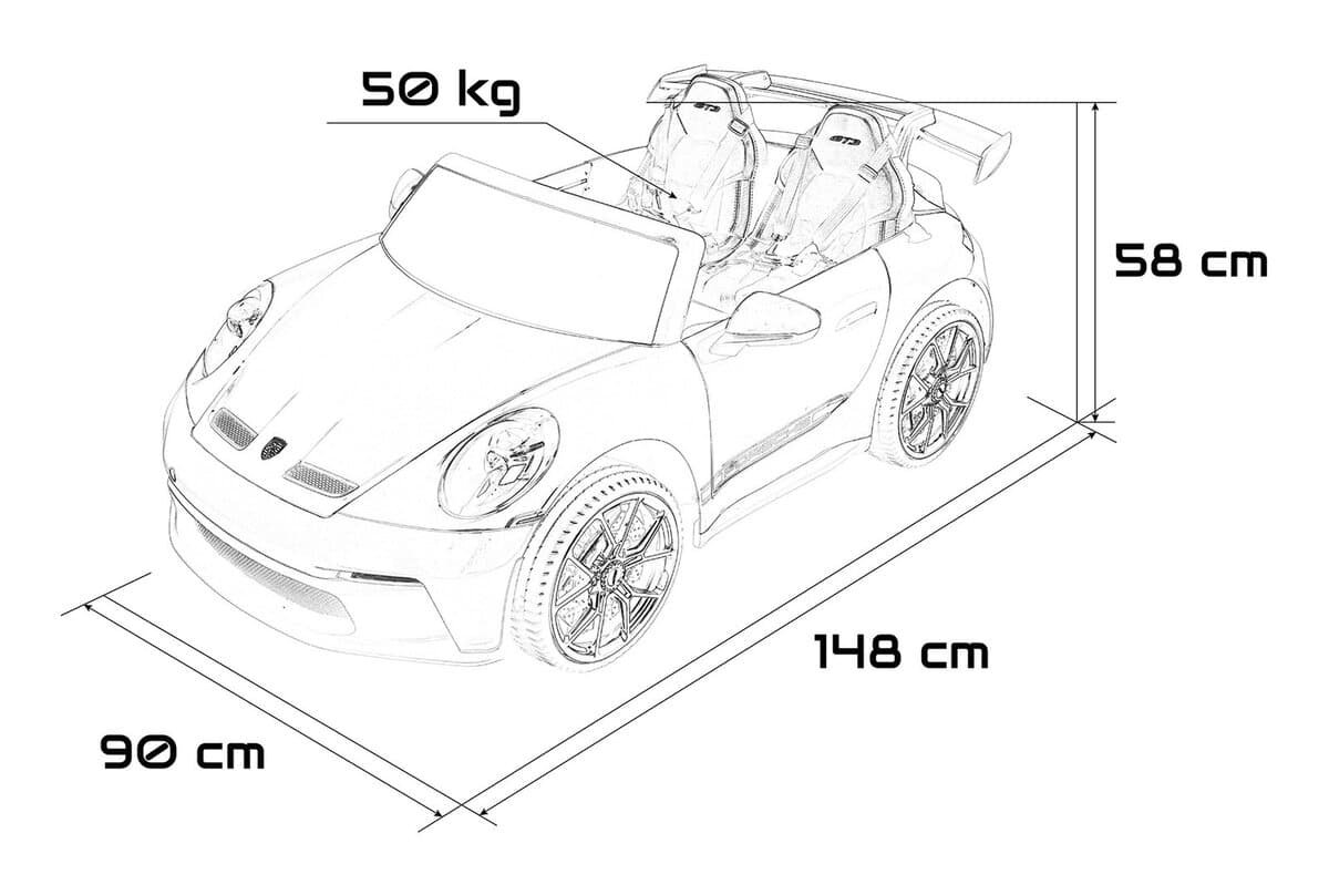 Joacă mașinuță electrică pentru copii, model sport, cu design realist și dimensiuni: 148x90x58 cm.