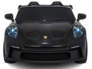 Mașină Porsche neagră, vedere frontală, design sportiv, lumină albastrie, imagine elegantă.